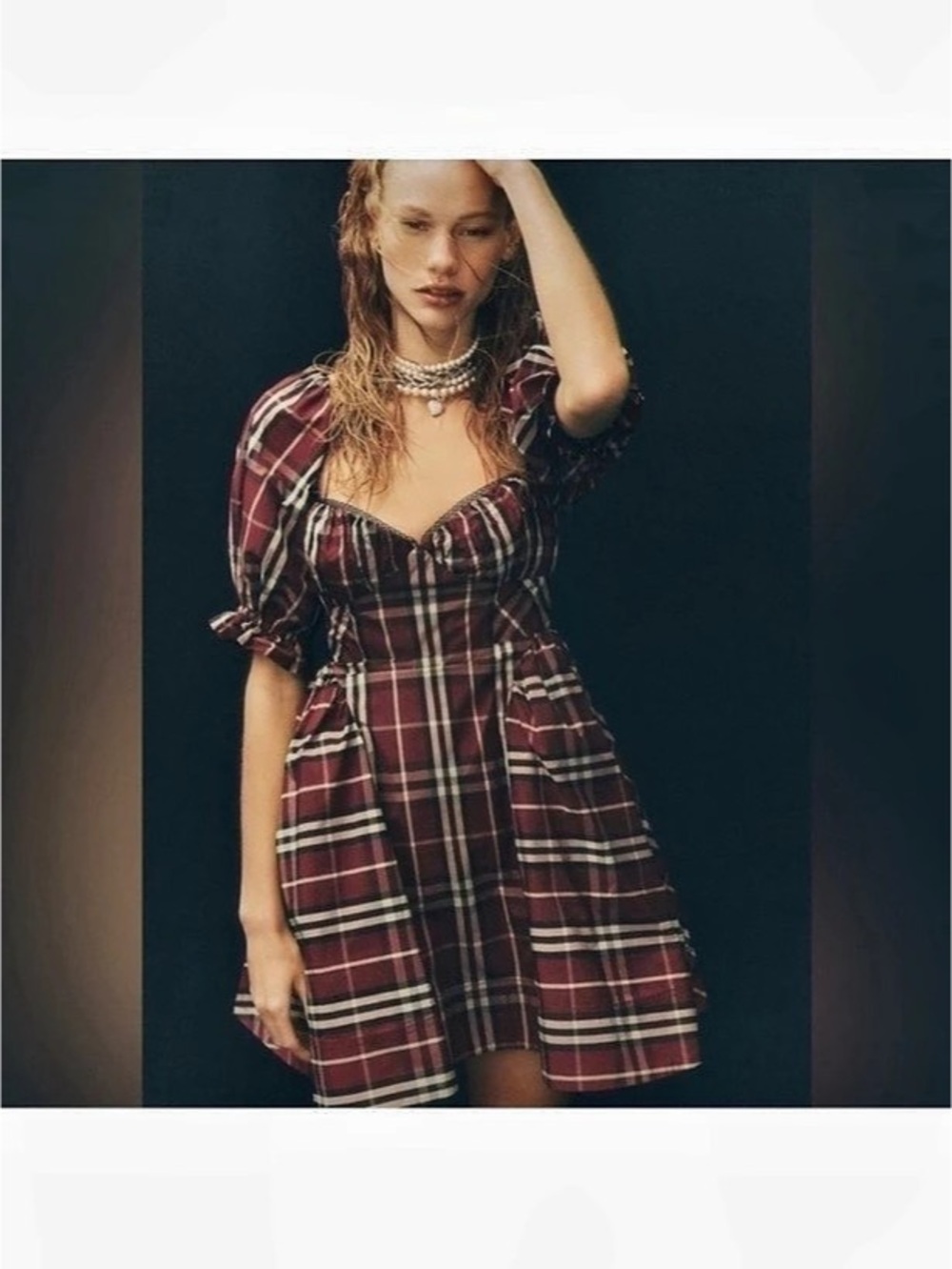Anthropologie Maeve Puff Sleeve Burgundy Plaid Mini Dress XL